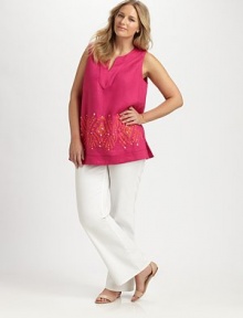 Embellished by pretty beads, this pull-on style features an ultra-feminine neckline and a relaxed silhouette.Unique split necklineSleevelessFrench bust dartsBead detailsPull-on styleAbout 30 from shoulder to hemLinenDry cleanImported