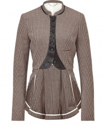 For a modern riff on classic equestrian chic (one of the seasons hottest trends), try McQ Alexander McQueens elegant cotton and wool blend riding jacket - Slim, tailored silhouette nips at waist - Traditional brown houndstooth motif - Leather accents at elbows, neckline and button placket - Small stand up collar, decorative buttons and pleat detail at back - Pair with slim trousers, skinny denim and tall boots or ankle booties