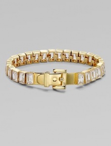 A contemporary buckle closure adds interest to this cubic zirconia baguette tennis bracelet. Cubic zirconiaBrassLength, about 7 to 7.25 adjustableBuckle closureImported 