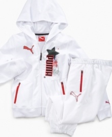 Start her super-star style early in this Puma hoodie with graphics and sparkle for a look that stands out. (Clearance)