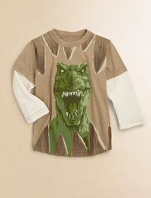 Open wide but stay out of the way of this menacing dinosaur who looks ready to pounce on a tee with layered-look waffle sleeves.Ribbed crewneck with tooth designLong sleeves with a layered waffle textureFront screened design, including more teeth at the hem50% cotton/50% polyester; cotton sleevesMachine washMade in USA of imported fabric