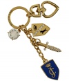 Add instant style to the everyday with this chic multi-charm logo keychain from Juicy Couture -  Shield, sword, and crest gold-tone charms with crystal details - Perfect for daily use or as a thoughtful gift