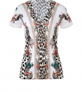 Work a fantastical edge into your chic casual looks with Roberto Cavallis jewel-detailed printed creature tee - V-neckline, short sleeves - Fitted - Wear with solid separates and bright leather accessories