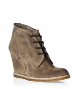 Stylish wedge booties in taupe suede - An awesome trend shoe you have to have right now - The shoe has a 10 cm (3.9) high wedge heel, it is cut ankle high and has a decorative lace-up - Fashionable crepe sole - It goes with everything thats now trendy: long maxi skirts, flared trousers, casual rolled up jeans - Narrow, absolutely comfortable and sturdy - A shoe for every day that always works