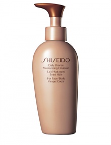 A gentle moisturizing emulsion for the face and body that promotes a gradual natural bronze color and dramatic silkiness with daily use. Creates subtle radiant color in a few days when applied daily. Maintains the beauty of a golden bronze glow longer when used each day on tanned skin. Absorbs quickly, moisturizers effectively, and leaves skin looking healthy and retexturized. Smooth emulsion evenly over face and body daily for best results.