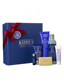 Rev him up to face every day with this collection of classic Kiehl's formulas for men. Collection includes Facial Fuel Energizing Face Wash (8.4 oz.), Ultimate Brushless Shave Cream White Eagle (5.0 oz.), Facial Fuel Energizing Moisture Treatment For Men (2.5 oz.), Facial Fuel No-Shine Moisturizing Lip Balm (0.17 oz.), Ultimate Man Body Scrub Soap (3.2 oz.) and Ultimate Strength Hand Salve (1 oz.). 