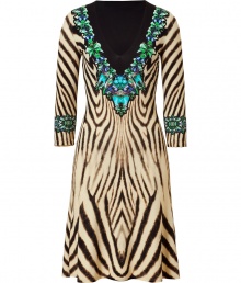 Inject bold style to your office-to-evening look with this trompe loeil animal printed dress from Roberto Cavalli - V-neck with jewel-tone necklace print, three-quarter sleeves with bracelet print detailed cuffs, fitted bodice, flared skirt, all-over animal print - Pair with high heel booties and a shoulder bag