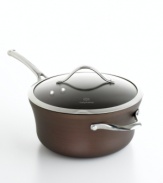 Just right. The perfect kitchen companion, this elegant bronze piece features multiple layers of nonstick technology, a hard-anodized construction and stay-cool handles for an unrivaled combination of professional performance and everyday ease. Your go-to for simmering sauces, heating soups and preparing truly delectable dishes. Lifetime warranty.