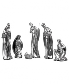 Straight to the art. This contemporary piece mixes fluid lines, graceful profiles and an eye-catching metallic sheen to emphasize the inherent beauty in Christmas. As the three kings, Mary and Joseph gather around baby Jesus, a peaceful stillness exudes from this nativity scene.