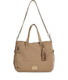 Inject edgy style into your statement handbag collection with Juicy Coutures glamorous Lauryn satchel in studded camel nylon, part of the Upscale Quilted collection - Metal shield logo plate, leather trim, braided chain and leather strap, rivet tassels, side buckle and pocket detail, inside removable pouch with leather trim, inside zippered and slot pockets - Perfect for finishing your workweek looks