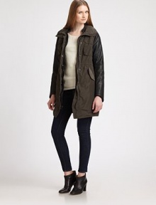 Utility-chic gets a contemporary update in this cinchable parka style finished with rich leather sleeves.Zip-out hood in collarSnap-button placket over zipper frontChest pocketsDrawstring waistFlap pocketsAbout 34 from shoulder to hemBody: polyesterTrim: leatherDry clean by a leather specialistImportedModel shown is 5'10 (177cm) wearing US size 2.