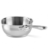 A durable 18/10 stainless steel construction with an impact-bonded aluminum and stainless base keeps heat coming for evenly and expertly cooked meals. Designed with a mess-free pouring spout, this open saucier is your kitchen choice for making sauces, soups, stocks and more. Lifetime warranty.