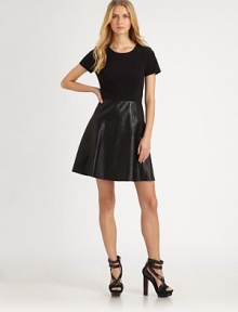 Leather is at the top of nearly every fall must-have list. This dress, featuring a buttery leather skirt, flawlessly fulfills the sartorial requirement. Round neckShort sleevesPrincess seamsLeather circle skirtConcealed back zipperAbout 21 from natural waistPonte bodice: 71% cotton/24% nylon/5% elastaneSkirt: lambskin leatherDry clean by leather specialistImportedModel shown is 5'10½ (179cm) wearing US size 4. 