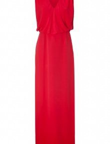 Inject bold style into your evening look with this stunning crimson maxi-dress from Raoul - V-neck, sleeveless, gathered shoulders, blouson top with draped overlay, floor-length full skirt, concealed side zip closure - Wear with metallic heels and a chain-detailed shoulder bag