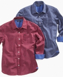 Add prep to his step with this classic plaid long sleeve shirt by Nautica. Goes well with chinos, jeans, and shorts.