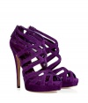 Inject instant sex appeal into your cocktail-ready look with these strappy purple suede sandals from Casadei - Front platform, crisscross multi-strap front, purple suede, ultra-high stiletto heel, ankle zip closure - Wear with a flirty frock and style with a statement clutch