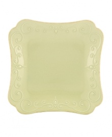 With fanciful beading and a feminine edge, Lenox French Perle square plates have an irresistibly old-fashioned sensibility. Hard-wearing stoneware is dishwasher safe and, in a soft pistachio hue with antiqued trim, a graceful addition to any meal. Qualifies for Rebate