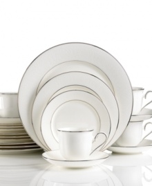 For nearly 150 years, Lenox has been renowned throughout the world as a premier designer and manufacturer of fine china. The simple and classic Hannah Platinum pattern brings a timeless refinement to your formal entertaining table, in pure white bone china embossed with a subtle palmetto-leaf design, and banded in platinum. Set includes 4 dinner plates, 4 salad plates, 4 bread and butter plates, 4 tea cups and 4 saucers. Qualifies for Rebate