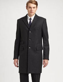 Single-breasted top coat with contrast collar is the ultimate completion of your formal wardrobe, elegantly woven in a luxurious wool blend.Button-frontChest welt, waist flap pocketsRear ventAbout 40 from shoulder to hem85% virgin wool/12% polyamide/2% elastaneDry cleanMade in Italy