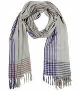 Stylish scarf in fine, pure pale grey cotton - Elegant stripe motif in rich shades of charcoal, purple and maroon - Supremely soft, tissue-weight fabric - Fringe detail at hem - Generously proportioned, drapes beautifully - A polished compliment to any number of streamlined styles - Pair with a t-shirt and blazer, a pullover and chinos or jeans and a henley