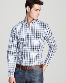 Lacoste puts modern spin on classic tattersall plaid with this handsome button-down, rendered in crisp, lightweight cotton poplin for a soft feel.