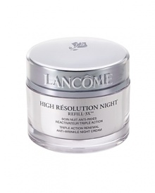 Triple Action Renewal Anti-Wrinkle Night CreamSkin truth: Dermatologists use injections of collagen and hyaluronic acid to fight wrinkles, yet are unable to replace elastin.Lancôme innovation: For the first time from Lancôme, an exclusive Refill-3X complex helps boost the synthesis of the three natural skin fillers - collagen, hyaluronic acid and elastin - at night. This exclusive formula, enriched with patent-pending Anisic Extract, helps complete the nightly cellular renewal process.Powerful anti-wrinkle results:- Immediately, skin feels significantly softer and smoother.- By morning, skin appears refreshed and hydrated. - In 4 weeks, wrinkles appear significantly reduced, as though refilled from within. Skin is noticeably more supple and plumped. Non-comedogenic. Dermatologist-tested for safety.Not equivalent to medical procedures. In-vitro testing on Di-Peptide and Alfalfa Extract shows a boost in the synthesis of collagen, hyaluronic acid and elastin.