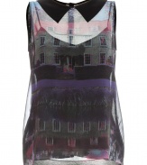 Channel countryside-chic at cocktail hour in Moschino C&Cs graphic print silk top, perfect for pairing with slim-fit separates - Pointed collar in front, sleeveless, house-print silk front, black mesh back with snap closures at nape, black spaghetti strap tank lining - Loosely fitted - Wear with a full skirt and slipper-style loafers