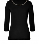 Leave your jewels at home and dress up your neckline with Hugos jet black embellished jersey top - Round neckline with silver-toned bead embellishment, 3/4 sleeves - Form-fitting - Wear with sleek separates and a finish of streamlined accessories