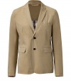 Stylish jacket in fine, honey-colored cotton from the traditional label Burberry - Features fashionable slim cut, narrow waist, with moderately deep lapels and two-button front - Perfect flap pockets and slit chest pocket - Versatile piece for the office or a party - Pair with a silk blouse and pencil skirt, or with a romantic silk dress and heels for a pretty, preppy look