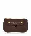 Add luxe style to the everyday with this leather key pouch from Marc by Marc Jacobs - Rectangular shape with round edges, top zip closure, front logo with gold-tone hardware, internal key ring detail - Perfect for daily use or as a thoughtful gift