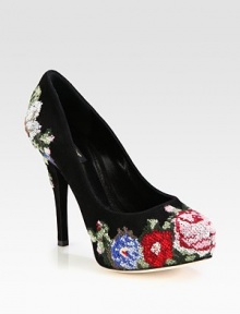 Beautiful embroidered floral tapestry freshens this suede platform pump. Self-covered heel, 3¼ (80mm)Hidden platform, ¾ (20mm)Compares to a 2½ heel (65mm)Suede and tapestry upperLeather lining and solePadded insoleMade in Italy