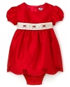 Holiday picture perfection: this rich shantung Hartstrings dress and diaper cover features an embroidered empire waist and a festive tie back bow.