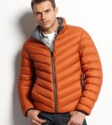 Heat up your cool-weather style with this lightweight, wind and water-resistant puffer coat from Guess.