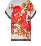 Work an exotic edge into your chic daytime look with Paul & Joes radiant red parrot print silk top, an easy and vibrant way to wear this seasons graphic print trend - Round neckline, dolman short sleeves, charcoal trim, slit sides - Perfect for layering over skinnies with edgy leather boots