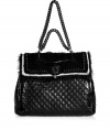 Ladylike with a decidedly downtown edge, this supple leather and crochet combo bag suits both day and night - Crochet-detailed front flap with contrasting trim and chain detail, quilted leather, large carryall style, chain-detailed handle, inside pockets for valuables - Pair with an elevated jeans-and-tee ensemble or a flirty cocktail frock