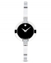 Movado's fashionably slender Bela™ bangle watch in solid solid stainless steel with sparkling diamond case accents. With a classic black Museum® dial.