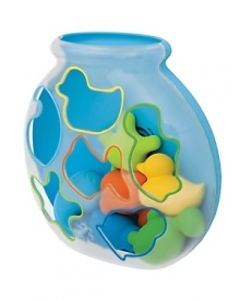 Sort six friendly squirtres into their own color-coded cut outs in the fishbowl. Then, simply spin to dump them out for squirt-time fun. Fishbowl floats or sticks on the wall with suction cup.