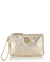 Add a glamorous finish to your look with this gleaming metallic wristlet from Tory Burch.