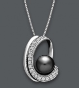 Add a subtle swirl of shimmer to your neckline. This stunning piece highlights a grey cultured freshwater pearl (8 mm) surrounded by a swoop of round-cut diamonds (1/4 ct. t.w.). Setting and chain crafted in sterling silver. Approximate length: 18 inches. Approximate drop: 3/4 inch.