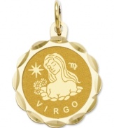 Tell everyone your sign in style! This scalloped and polished disc charm features the Virgo Zodiac in 14k gold. Chain not included. Approximate length: 9/10 inch. Approximate width: 3/5 inch.