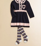 A cute, cozy knit frock is updated with front button detail, faux Peter Pan collar and front chest pocket, plus contrasting striped trim.Crewneck with faux Peter Pan collarLong puff sleevesPullover styleRibbed cuffs and hemPatch pocketCottonMachine washImported