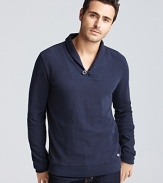 A naturally stylish hybrid, this soft cotton henley sports a shawl collar and simple ribbed trim.