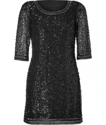 Perfect for your most festive events, Collette Dinnigans statement sequined sheath guaranteed to set your style points soaring - Scooped neckline, elbow-length sleeves, contrast beaded trim, pull-over style - Easy straight fit, falls above the knee - Keep it simple with platform pumps and jet black accessories