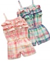 Pretty in plaid. Ruffles add special detail for your special girl in this darling romper from Osh Kosh.