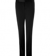 Amp up your cocktail party look with these modernized tuxedo pants from D&G Dolce & Gabbana -Classic tuxedo styling, slim fit, front crease detail, side satin trim, off-seam pockets, back welt pockets with button - Pair with a matching jacket for a formal look or with a blazer and a button down