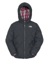 The North Face® reversible hooded down jacket -- one side in plaid and the other in a smooth, quilted solid -- for two distinctly sporty looks.