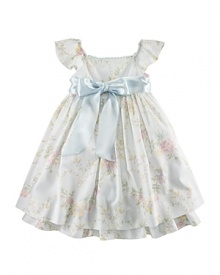 A charmingly traditional dress in a crisp stripe and floral pattern has a pretty, full skirt with a petticoat and a sash.