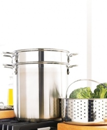 Multi-functional set for preparing soup, pasta, veggies and more. Constructed with a nonreactive stainless steel interior and an aluminum disk bottom. Features riveted, stay-cool handles.  Oven safe to 500°. Dishwasher safe; hand wash to maintain luster. Includes a 12-quart stock pot, a pasta insert and a steamer basket. Manufacturer's limited lifetime warranty.