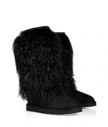 Attract attention in these luxe shaggy sheepskin boots from UGG Australia - Tall boots with shaggy shearling cuff, sturdy sole - Style with leather leggings, skinny jeans, or a mini-dress