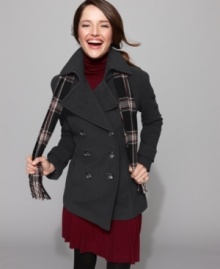 Get a polished look this fall with a perfectly-matched pea coat and scarf combo from London Fog.